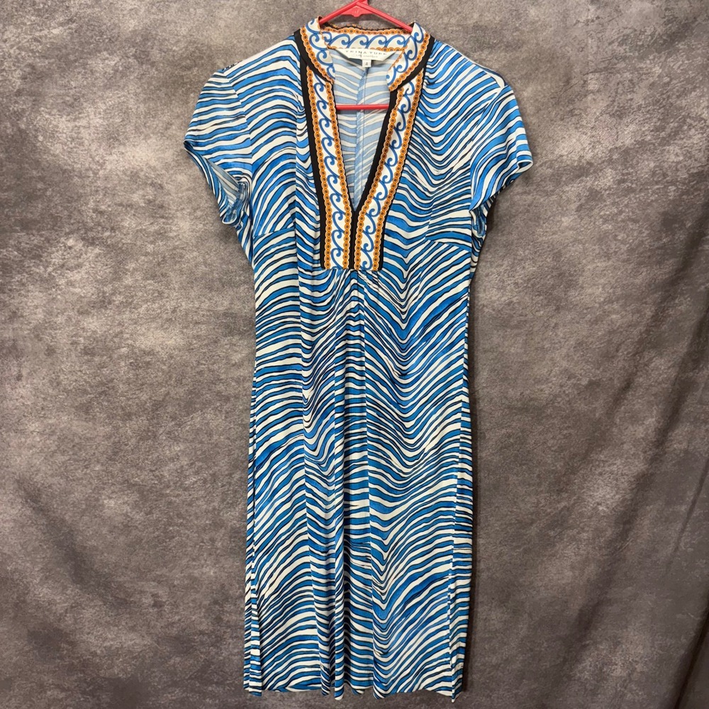 Trina Turk Silk Blend A-line Dress Size 4 Blue White Wave Print Zebra Stripe
